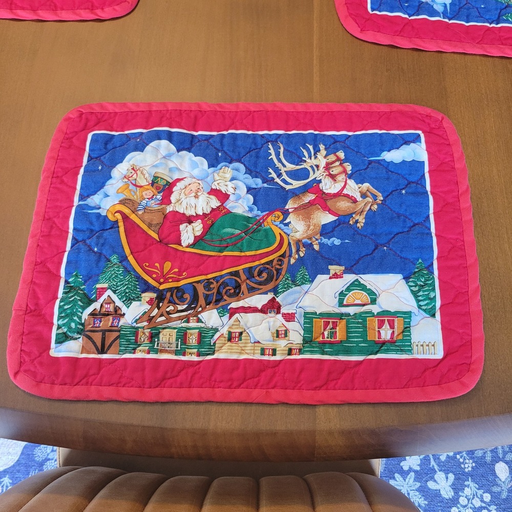 Vintage Christmas Quilted Placemats Set of 12 Santa Sleigh Reindeer Holiday Red